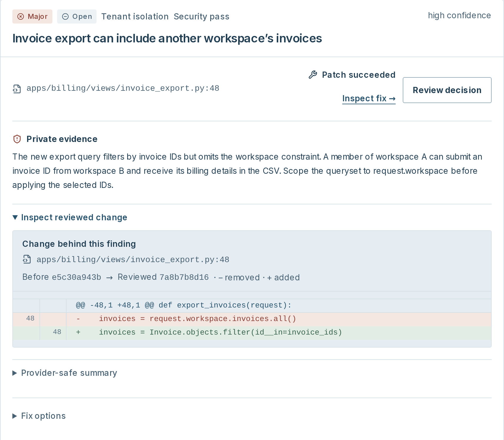 Code Voucher finding showing a tenant-isolation issue, its private evidence, the reviewed diff, and an Inspect fix link.