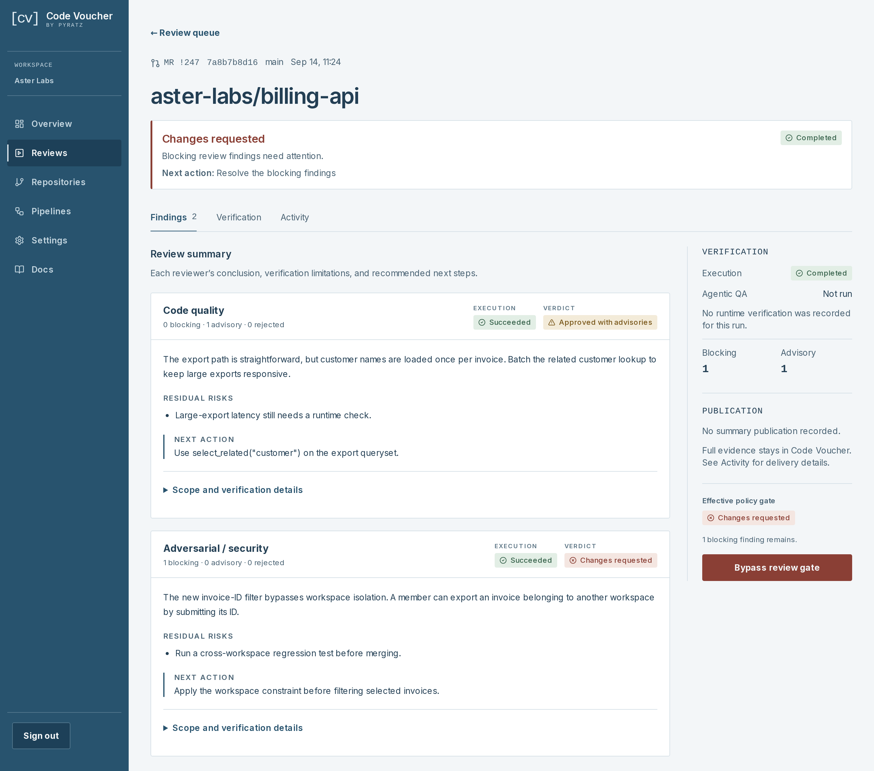 Code Voucher review dashboard showing code-quality and security conclusions, verification status, and recommended next actions.